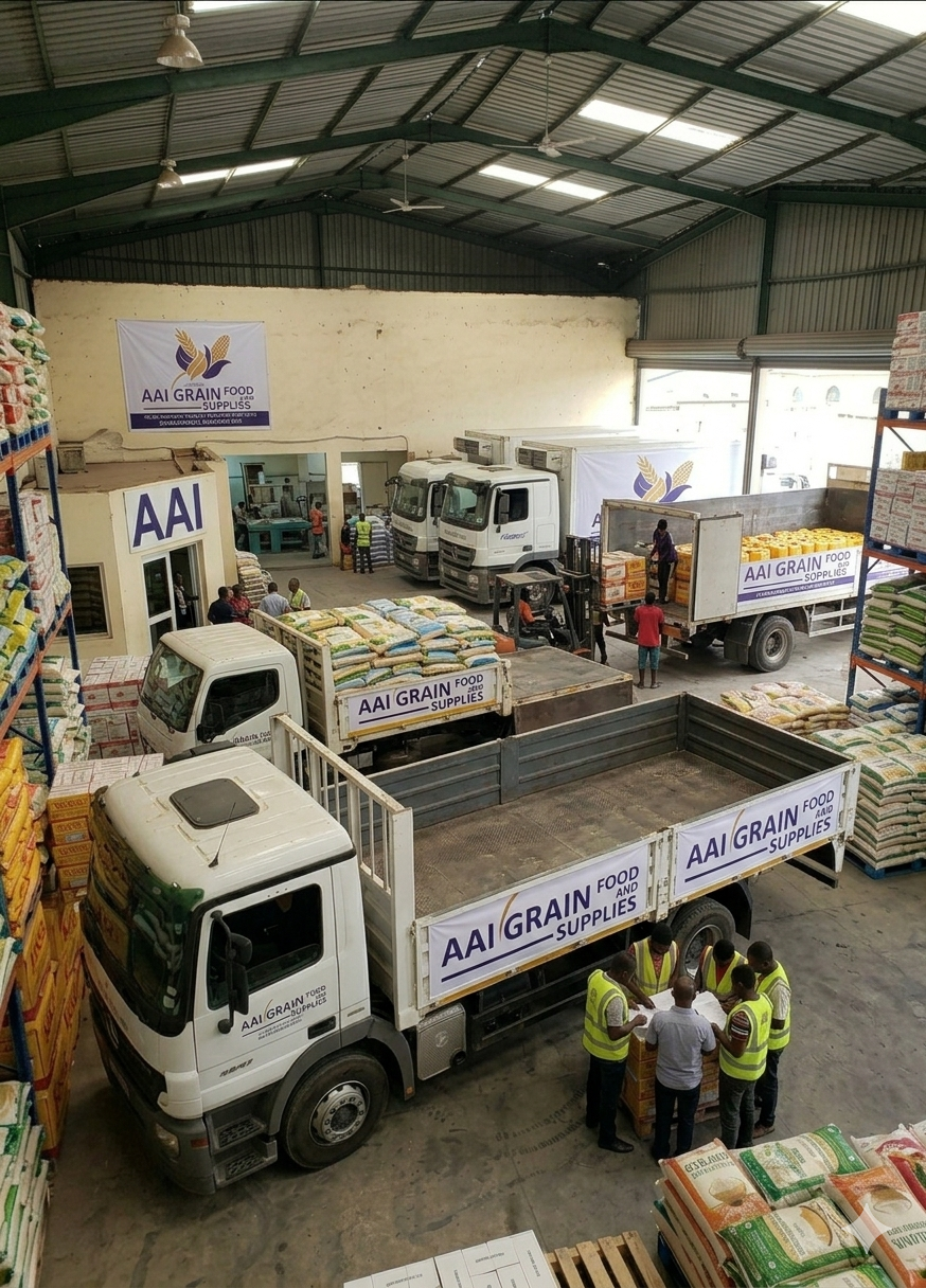 AAI Grain Food and Supplies branded delivery trucks at warehouse